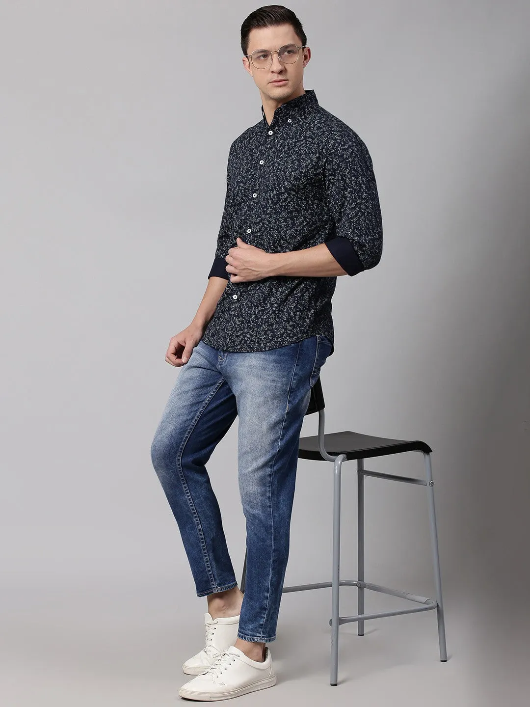 Men's Navy Blue Slim Fit Printed Casual Shirt