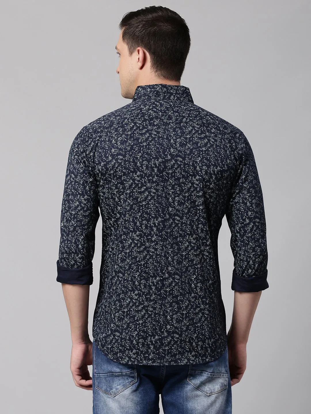 Men's Navy Blue Slim Fit Printed Casual Shirt