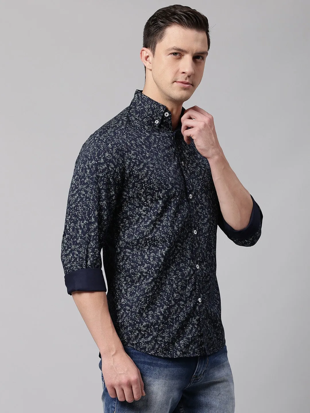 Men's Navy Blue Slim Fit Printed Casual Shirt
