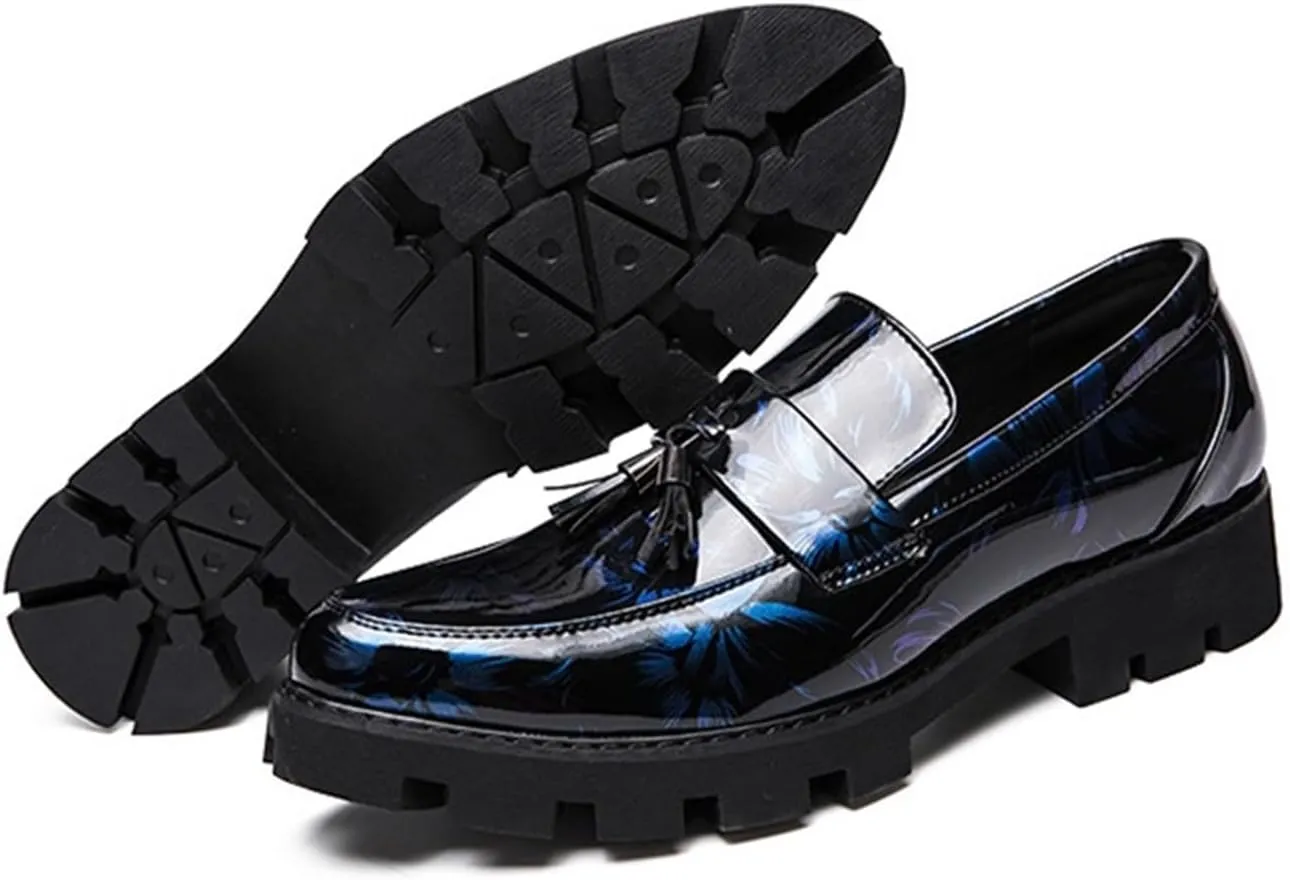 Men's Patent Leather Tassel Loafers Slip-On Formal Business Dress Shoes Lug Sole Fashion Pointed Toe Walking Casual Shoes for Prom Dating Wedding