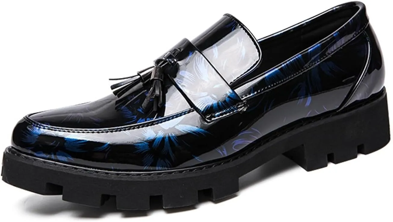 Men's Patent Leather Tassel Loafers Slip-On Formal Business Dress Shoes Lug Sole Fashion Pointed Toe Walking Casual Shoes for Prom Dating Wedding