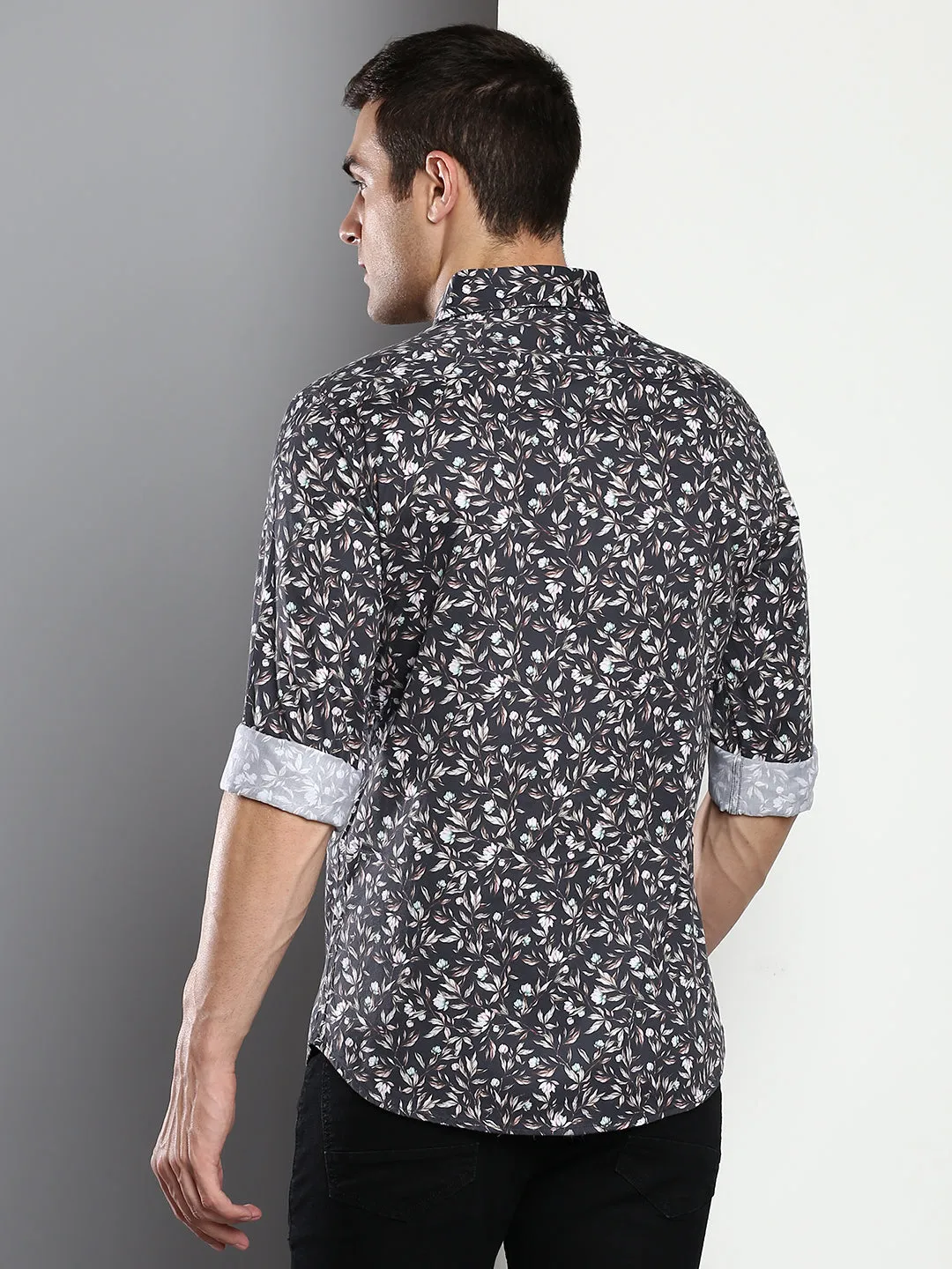Men's Printed Grey Slim Fit Satin Casual Shirt With Spread Collar & Full Sleeves (C9070_Grey_S)