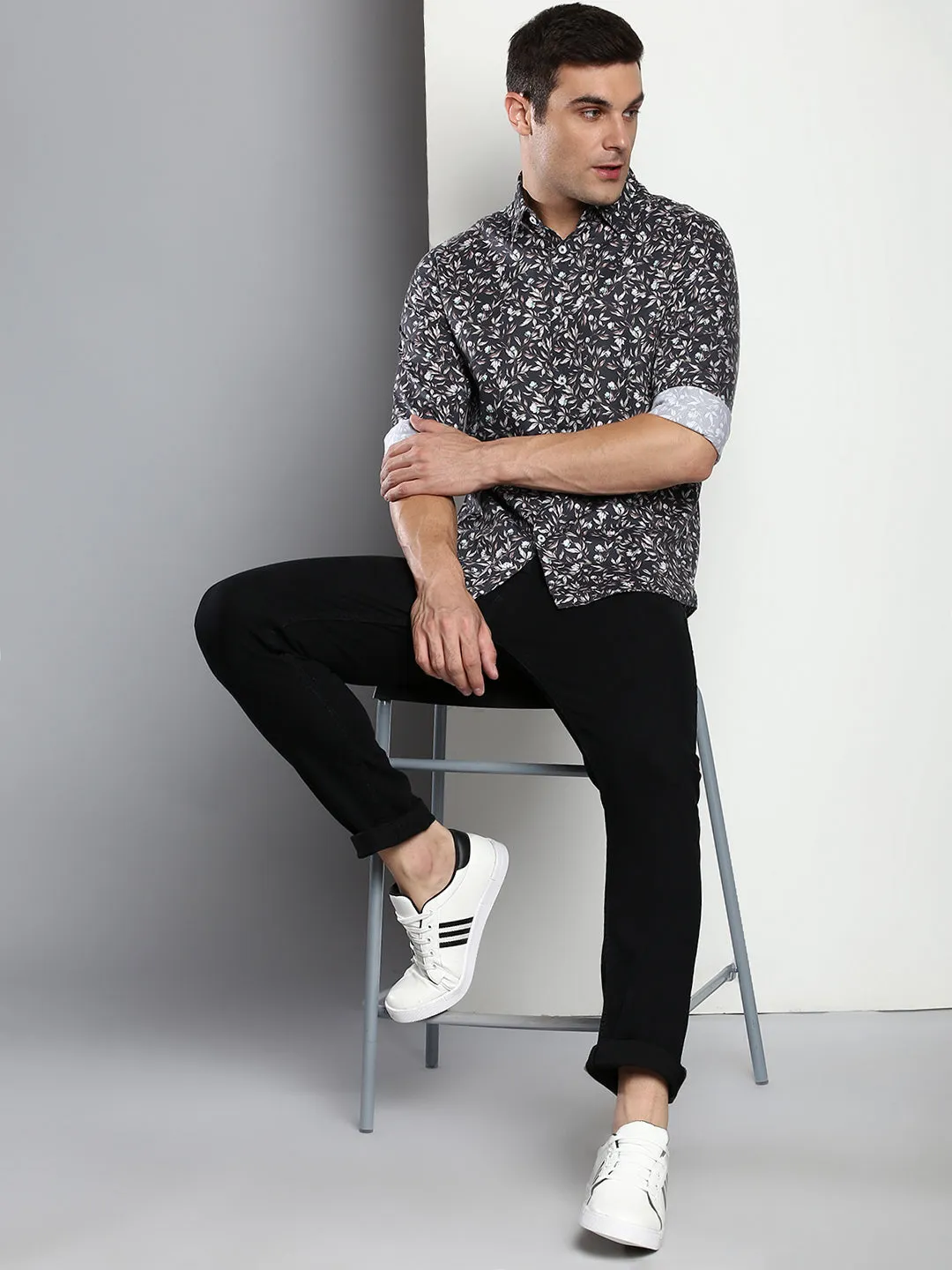 Men's Printed Grey Slim Fit Satin Casual Shirt With Spread Collar & Full Sleeves (C9070_Grey_S)