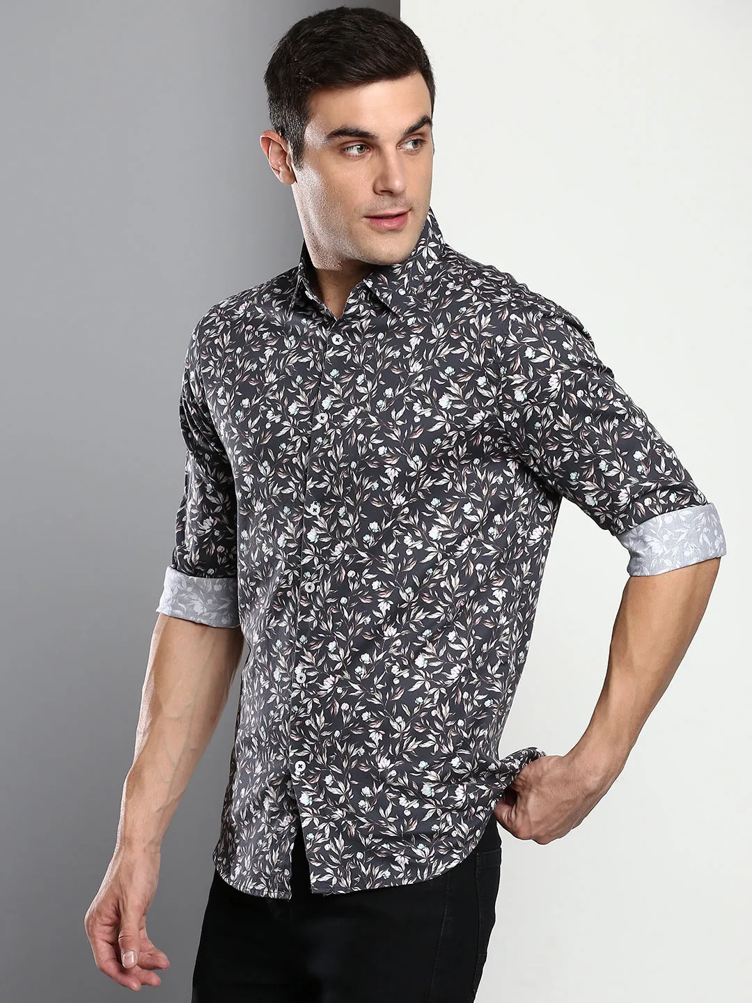 Men's Printed Grey Slim Fit Satin Casual Shirt With Spread Collar & Full Sleeves (C9070_Grey_S)