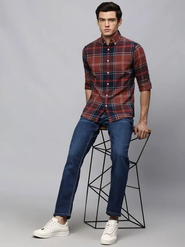 Men's Regular Collar Slim Fit Checks Navy Casual Shirt