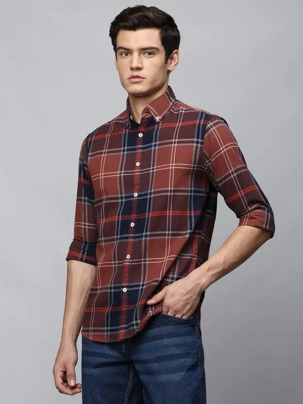 Men's Regular Collar Slim Fit Checks Navy Casual Shirt