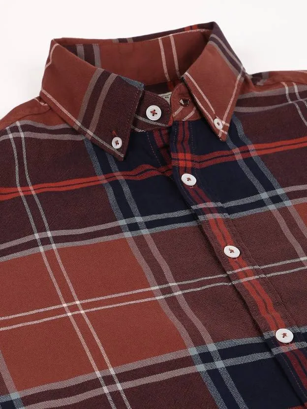 Men's Regular Collar Slim Fit Checks Navy Casual Shirt