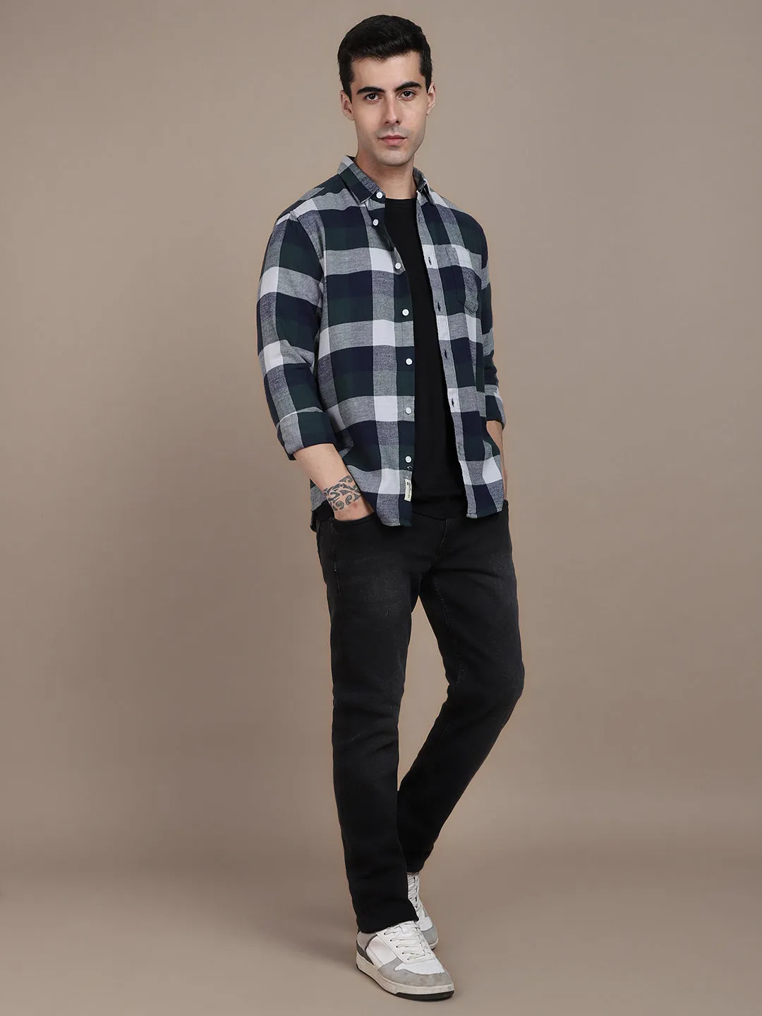 Men's Regular Collar Slim Fit Checks Navy Casual Shirts