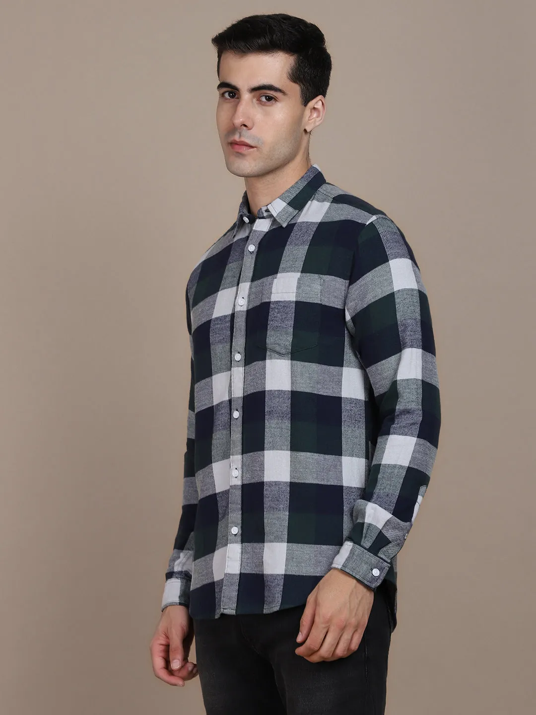 Men's Regular Collar Slim Fit Checks Navy Casual Shirts