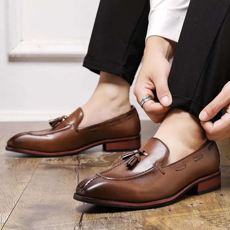 Men's Retro Business Formal Leather Tassels Penny Loafers Slip on Flat Lightweight Driving Boat Shoes
