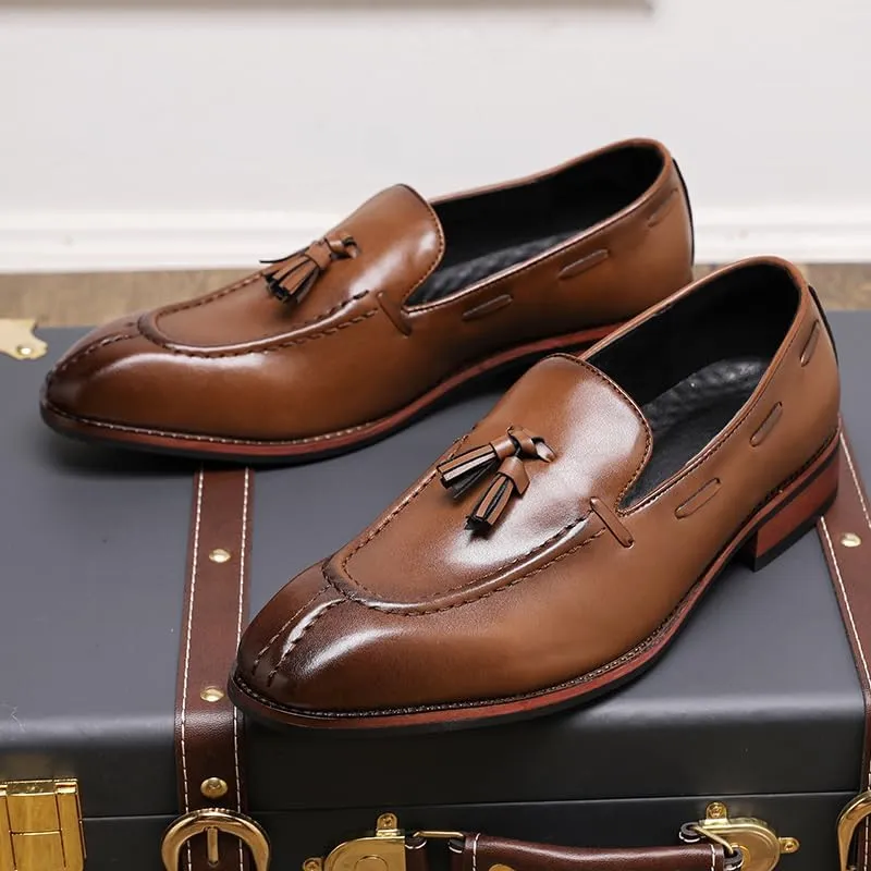Men's Retro Business Formal Leather Tassels Penny Loafers Slip on Flat Lightweight Driving Boat Shoes