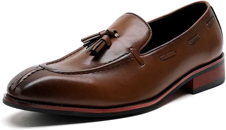 Men's Retro Business Formal Leather Tassels Penny Loafers Slip on Flat Lightweight Driving Boat Shoes
