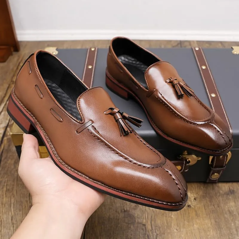 Men's Retro Business Formal Leather Tassels Penny Loafers Slip on Flat Lightweight Driving Boat Shoes