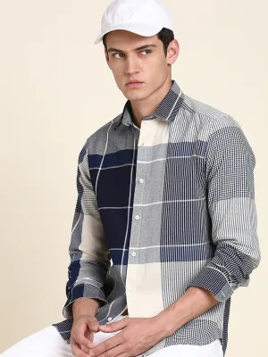 Men's Spread Collar Blue Checked Casual Shirt