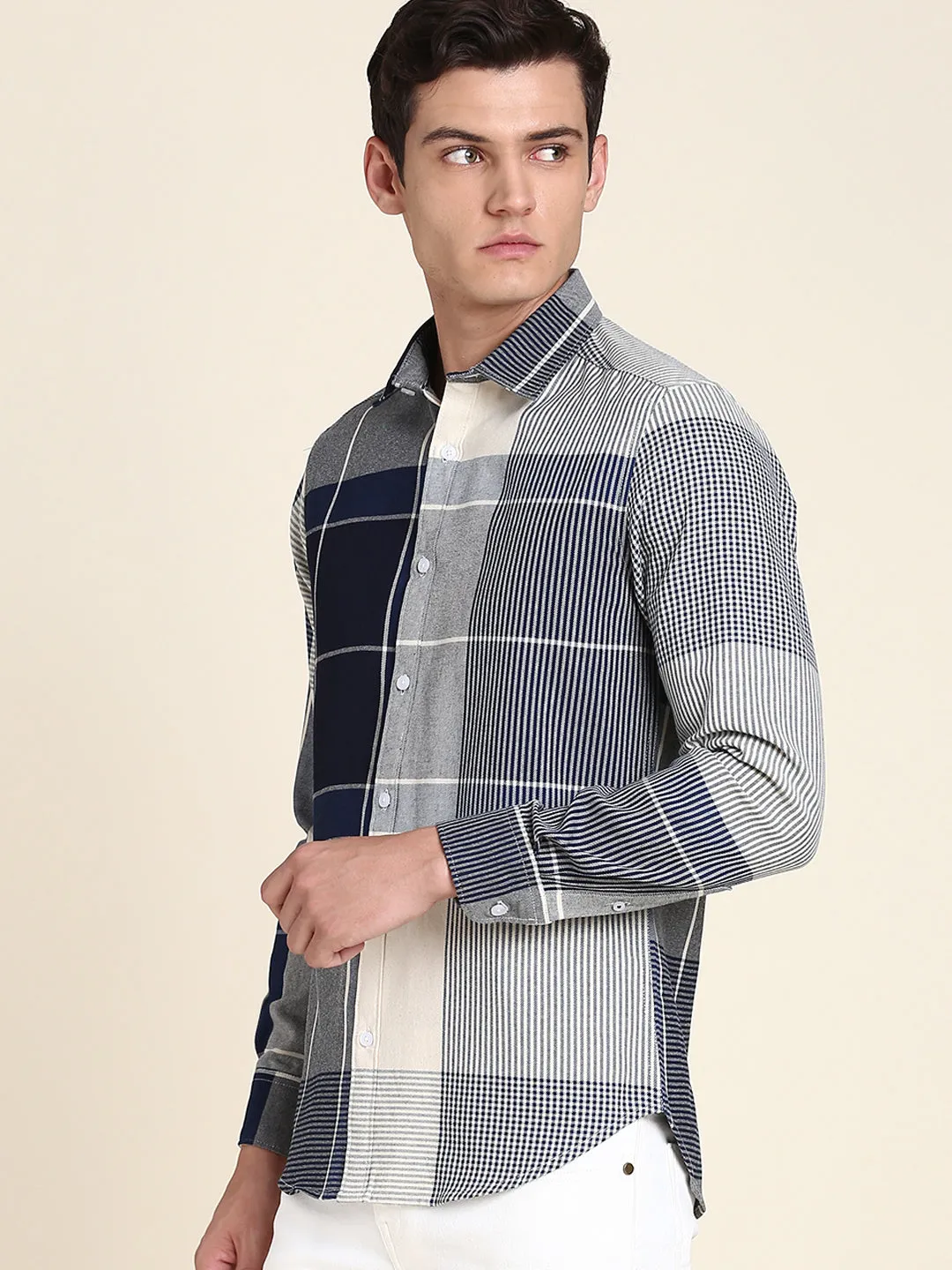 Men's Spread Collar Blue Checked Casual Shirt