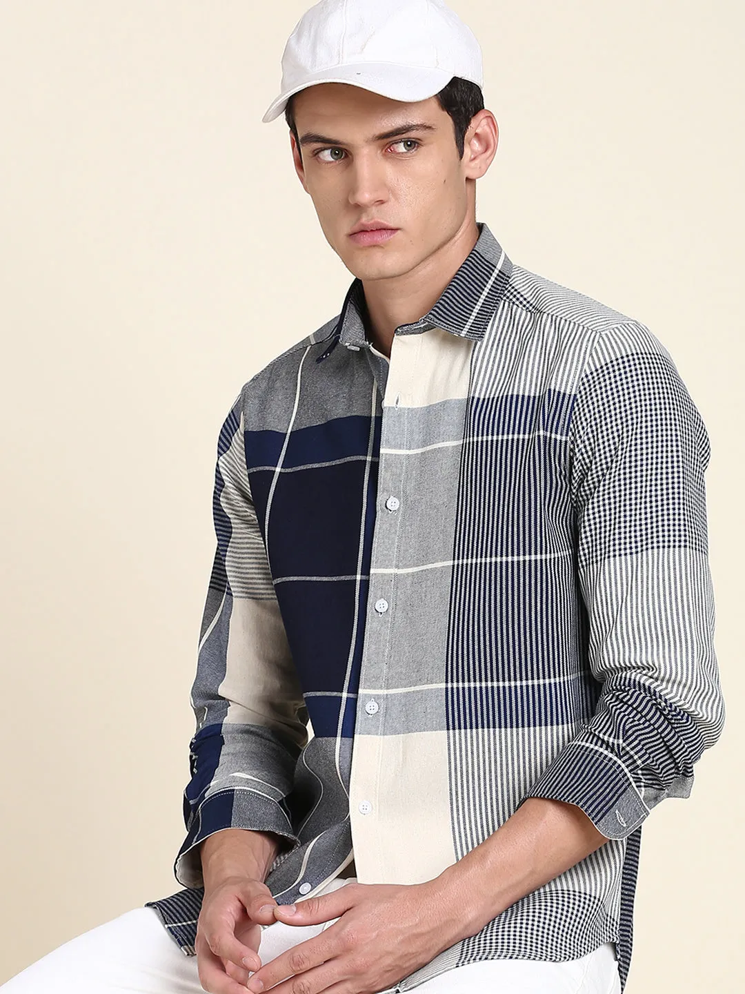 Men's Spread Collar Blue Checked Casual Shirt