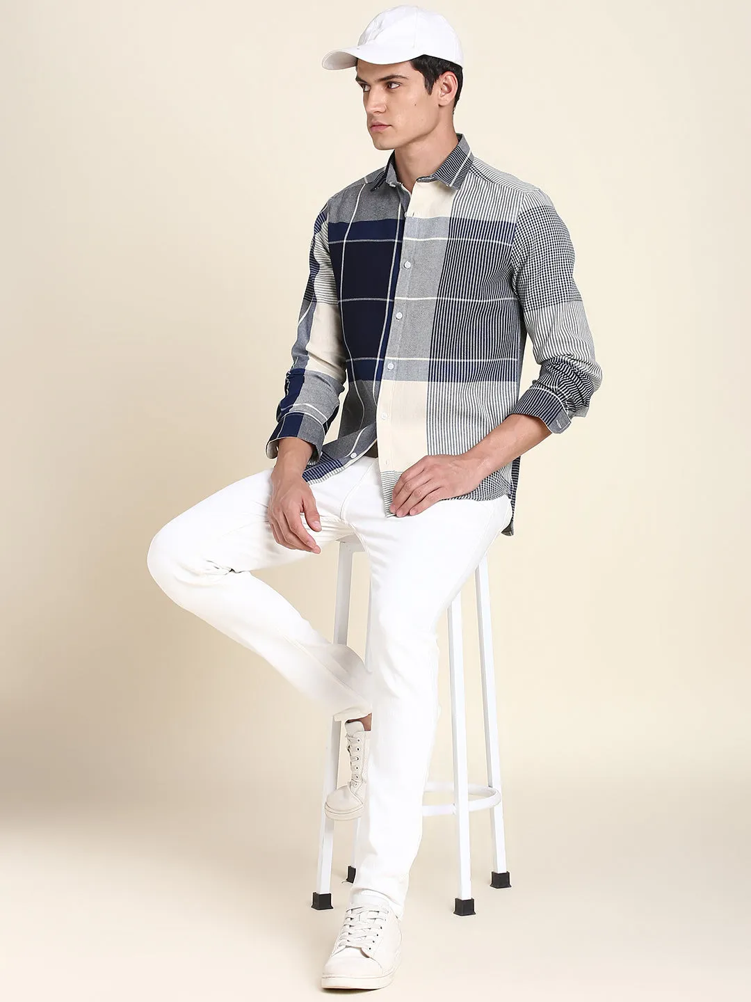 Men's Spread Collar Blue Checked Casual Shirt