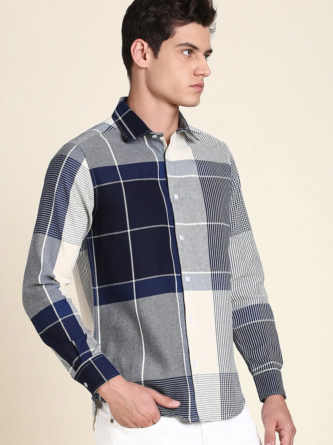 Men's Spread Collar Blue Checked Casual Shirt