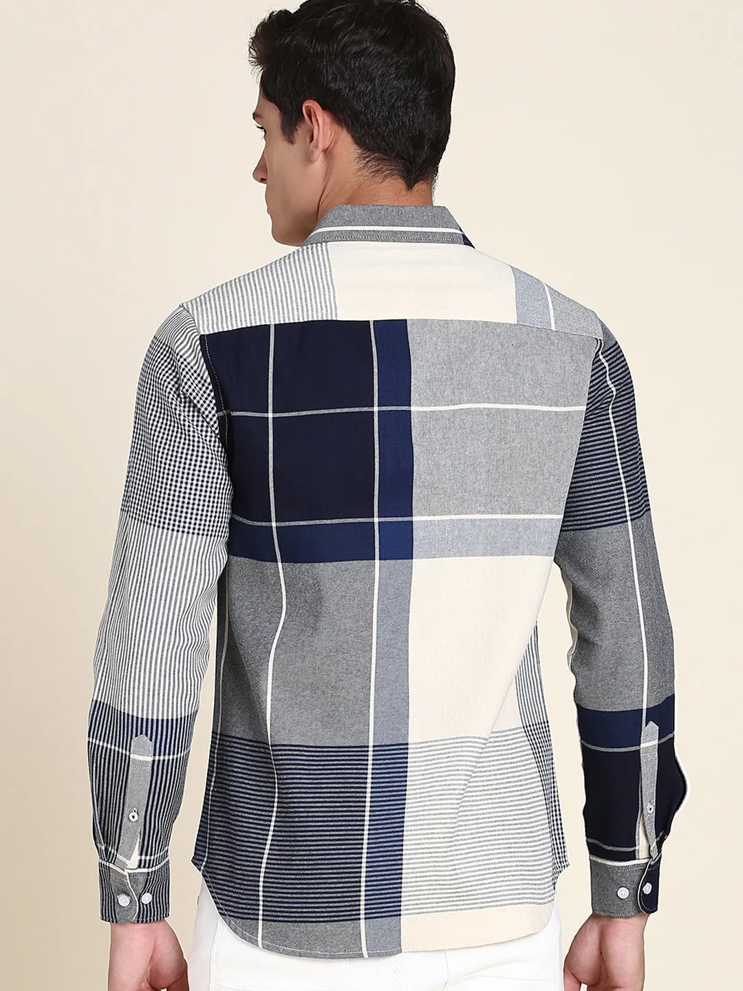 Men's Spread Collar Blue Checked Casual Shirt