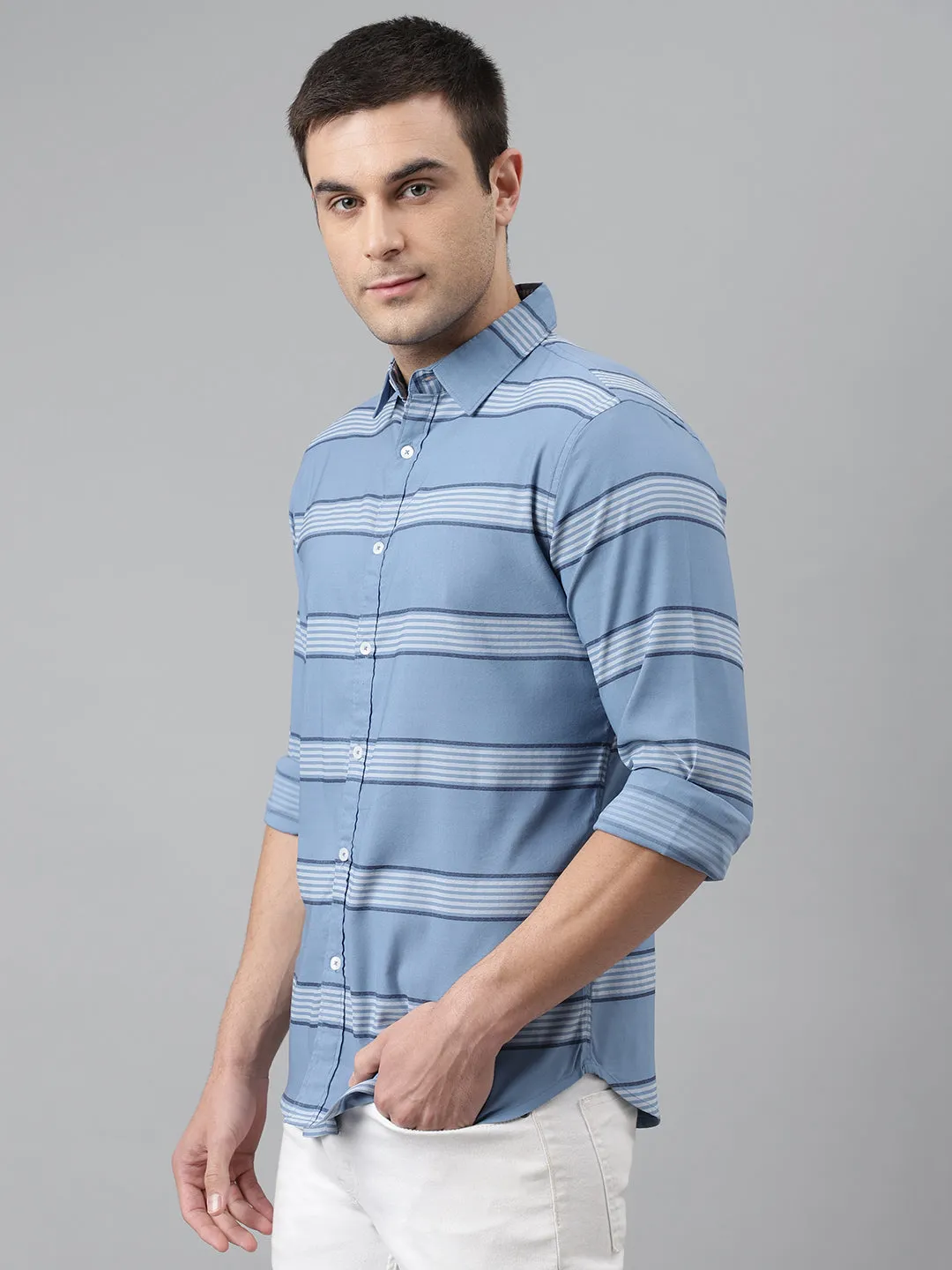 Men's Stripes Blue Slim Fit Cotton Casual Shirt