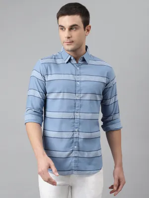 Men's Stripes Blue Slim Fit Cotton Casual Shirt
