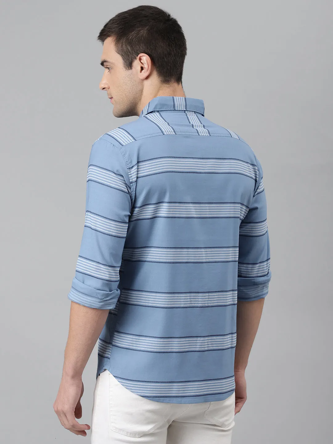 Men's Stripes Blue Slim Fit Cotton Casual Shirt