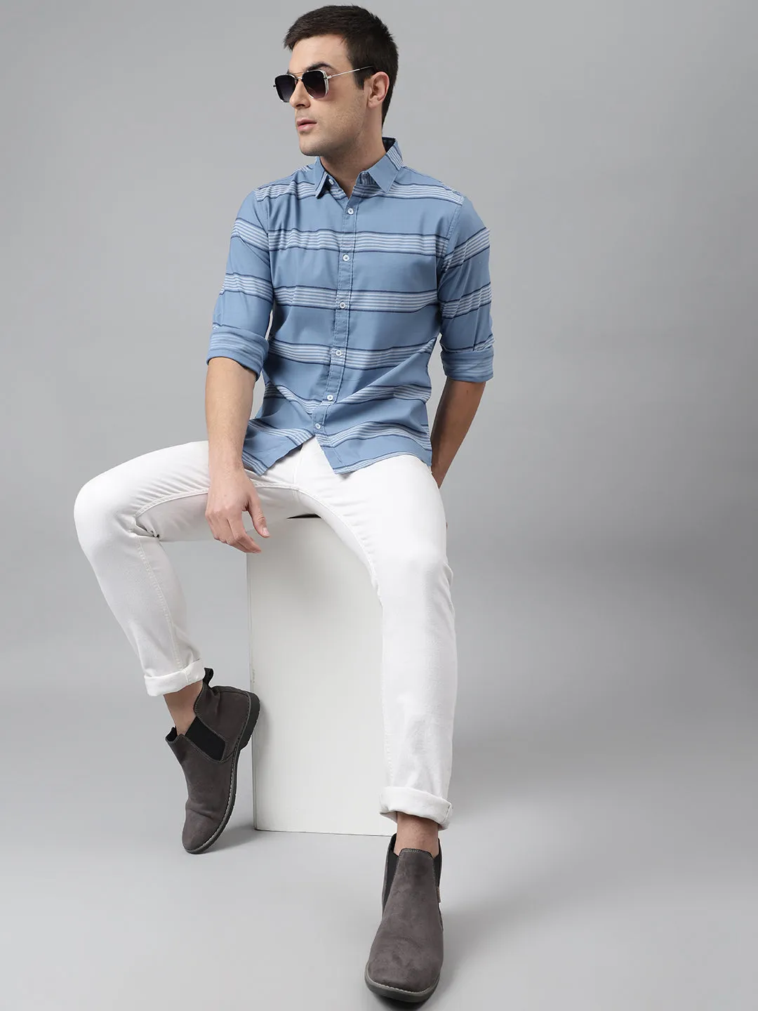 Men's Stripes Blue Slim Fit Cotton Casual Shirt