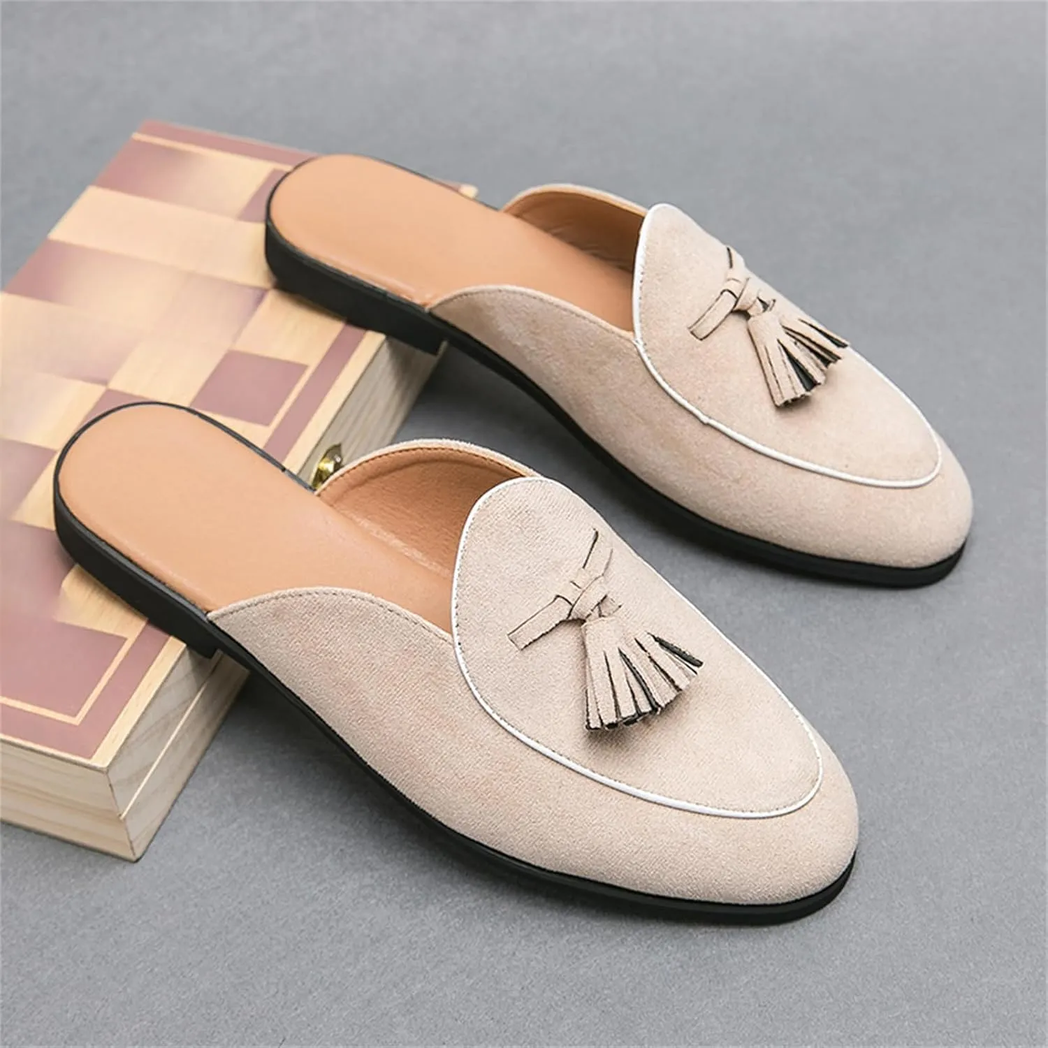 Men's Suede Tassels Slip On Mules Clog Slippers Casual Round Toe Backless Flat Dress Loafers for Formal Walking Wedding Business