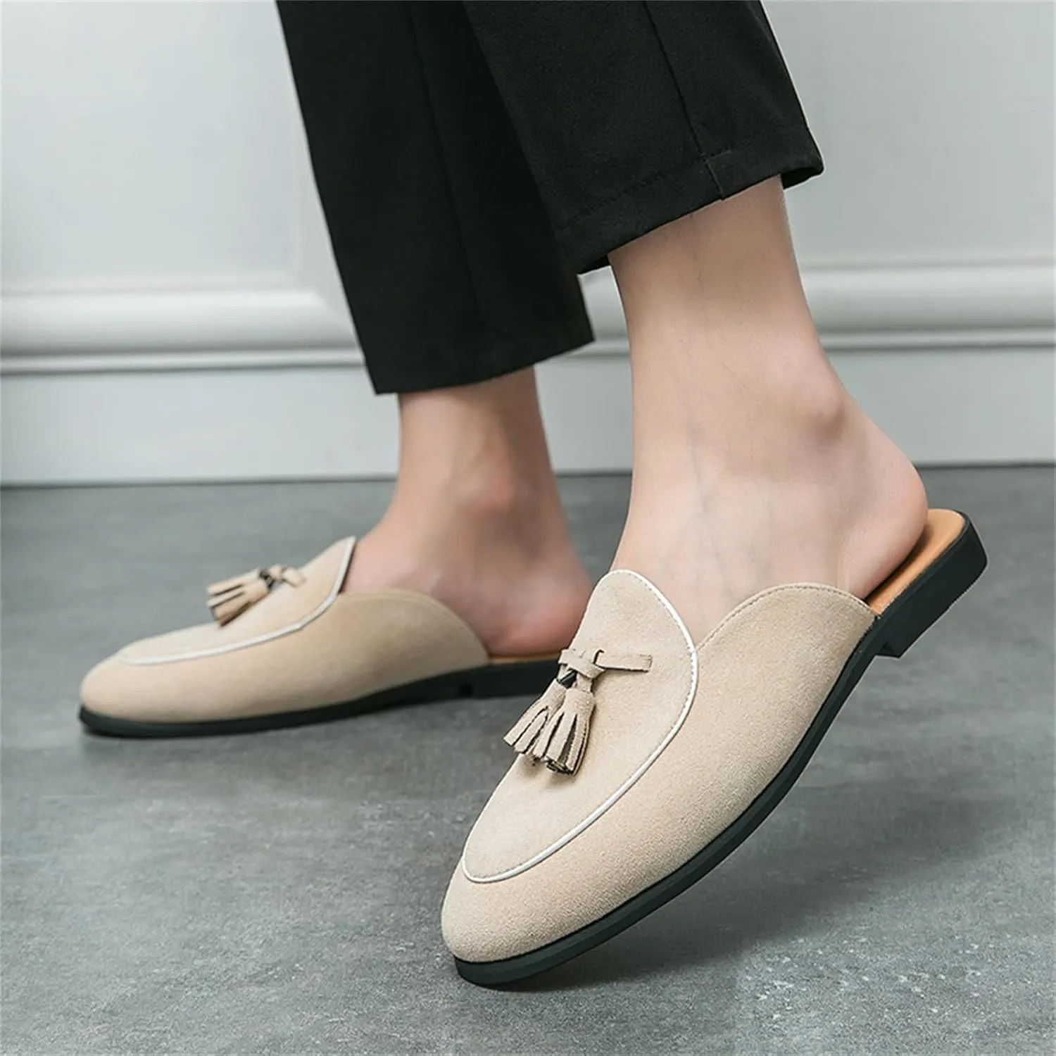 Men's Suede Tassels Slip On Mules Clog Slippers Casual Round Toe Backless Flat Dress Loafers for Formal Walking Wedding Business