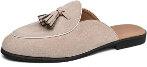 Men's Suede Tassels Slip On Mules Clog Slippers Casual Round Toe Backless Flat Dress Loafers for Formal Walking Wedding Business