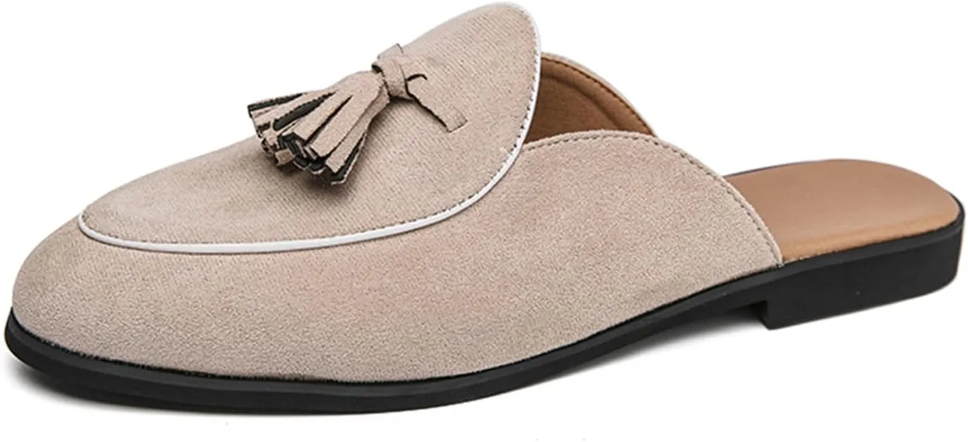 Men's Suede Tassels Slip On Mules Clog Slippers Casual Round Toe Backless Flat Dress Loafers for Formal Walking Wedding Business