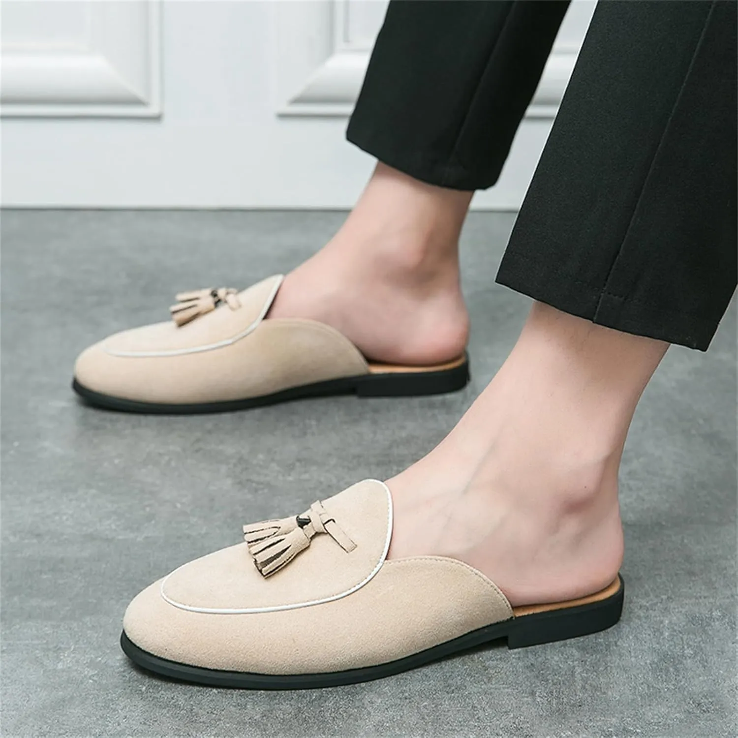 Men's Suede Tassels Slip On Mules Clog Slippers Casual Round Toe Backless Flat Dress Loafers for Formal Walking Wedding Business