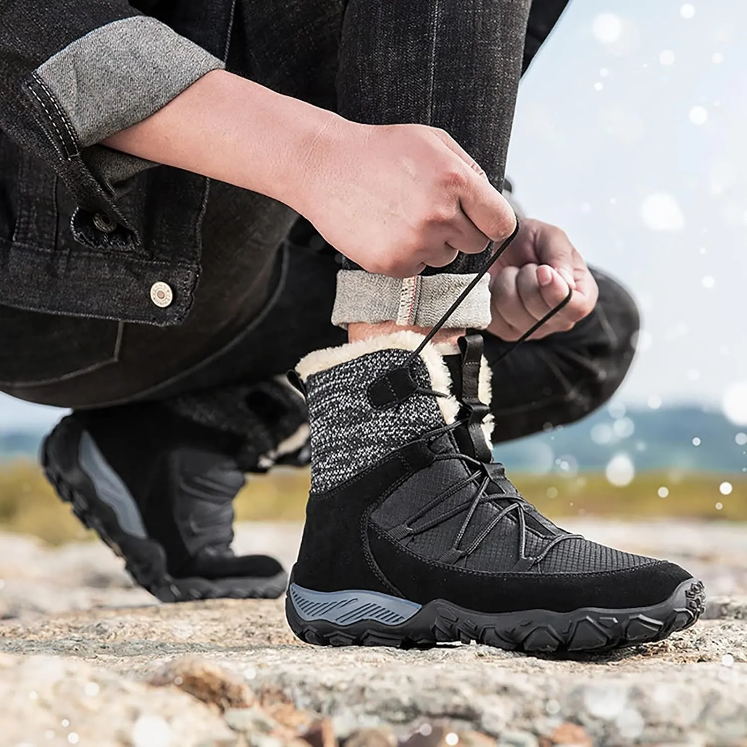 Mens Winter Trekking Snow Boots Water Resistant Shoes Anti-Slip Fully Fur Lined Casual Lightweight Hiking Boot Sport Shoes