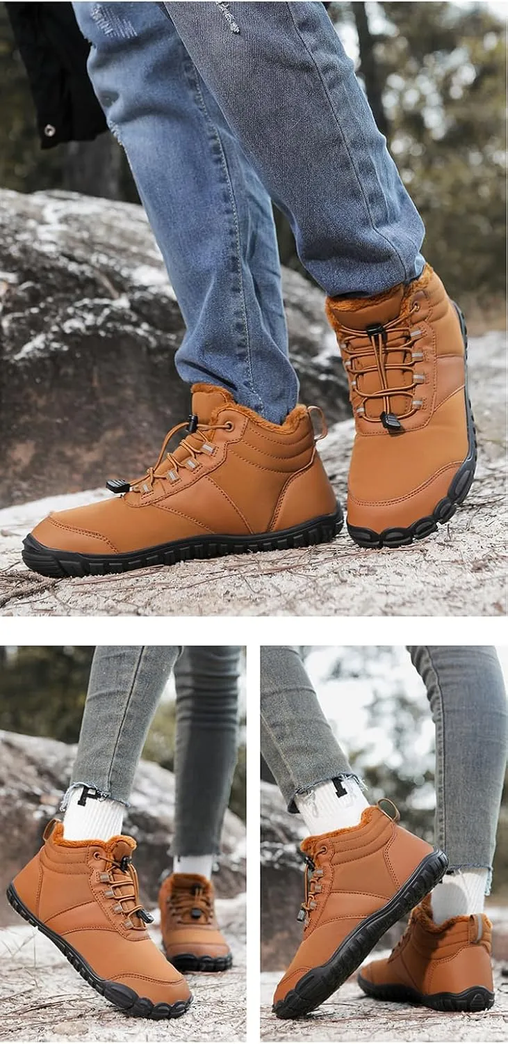 Mens Womens Winter Snow Boots Faux Sherpa Lined Waterproof Snow Sneakers Slip On Barefoot Wide Toe Box Ankle Boots