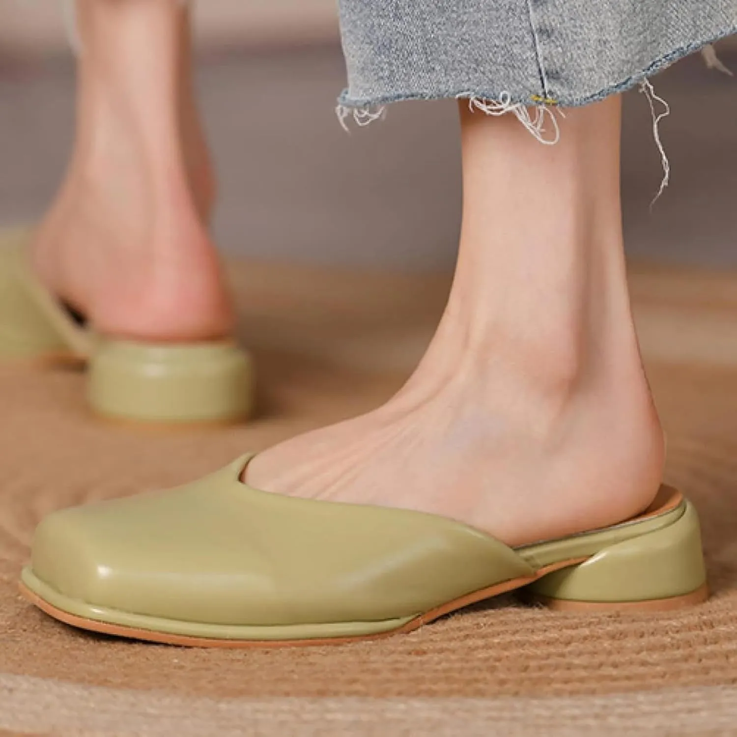 Mules Sandal for Girl Fashion Square Toe Women's Slippers Thick Heel Open Back Loafers Office Slippers