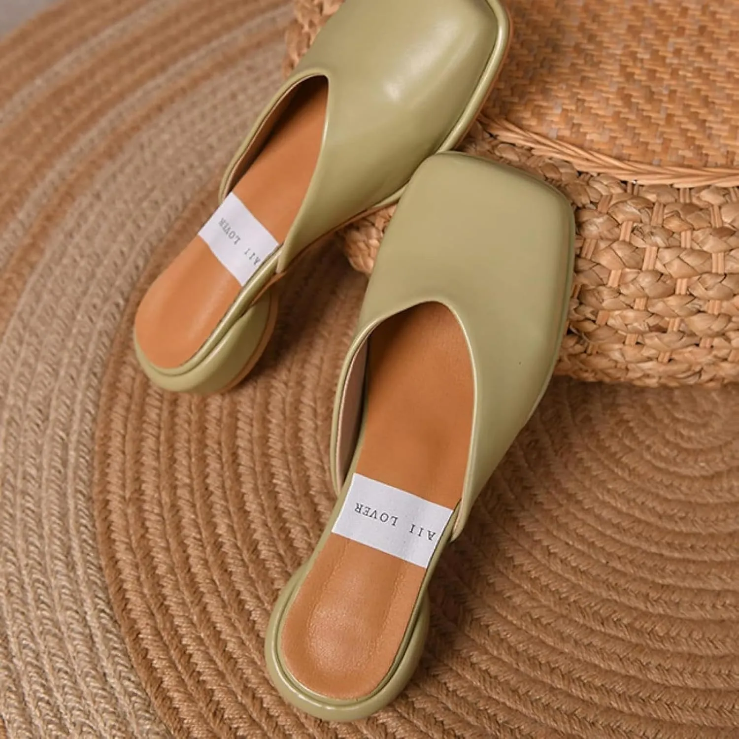 Mules Sandal for Girl Fashion Square Toe Women's Slippers Thick Heel Open Back Loafers Office Slippers