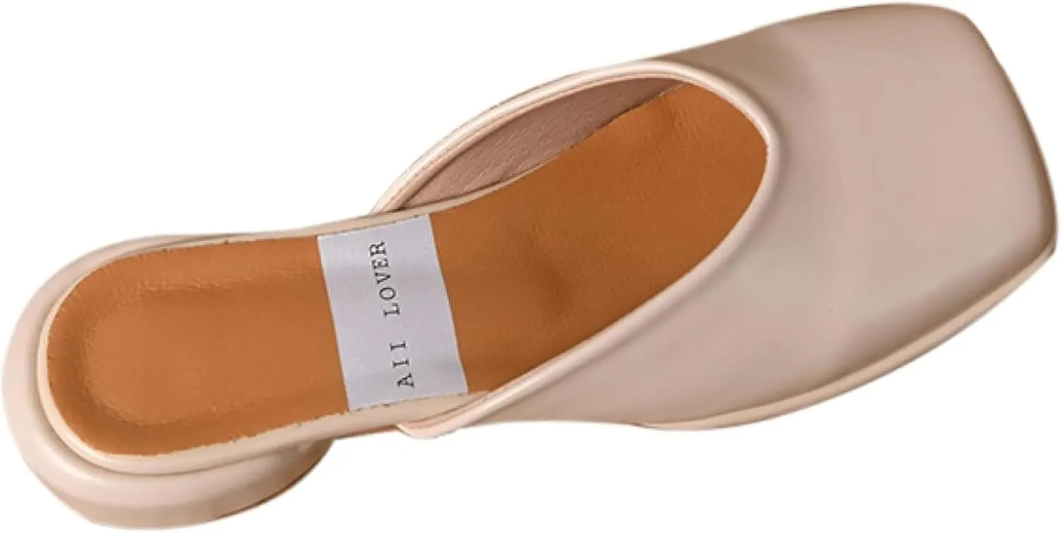 Mules Sandal for Girl Fashion Square Toe Women's Slippers Thick Heel Open Back Loafers Office Slippers