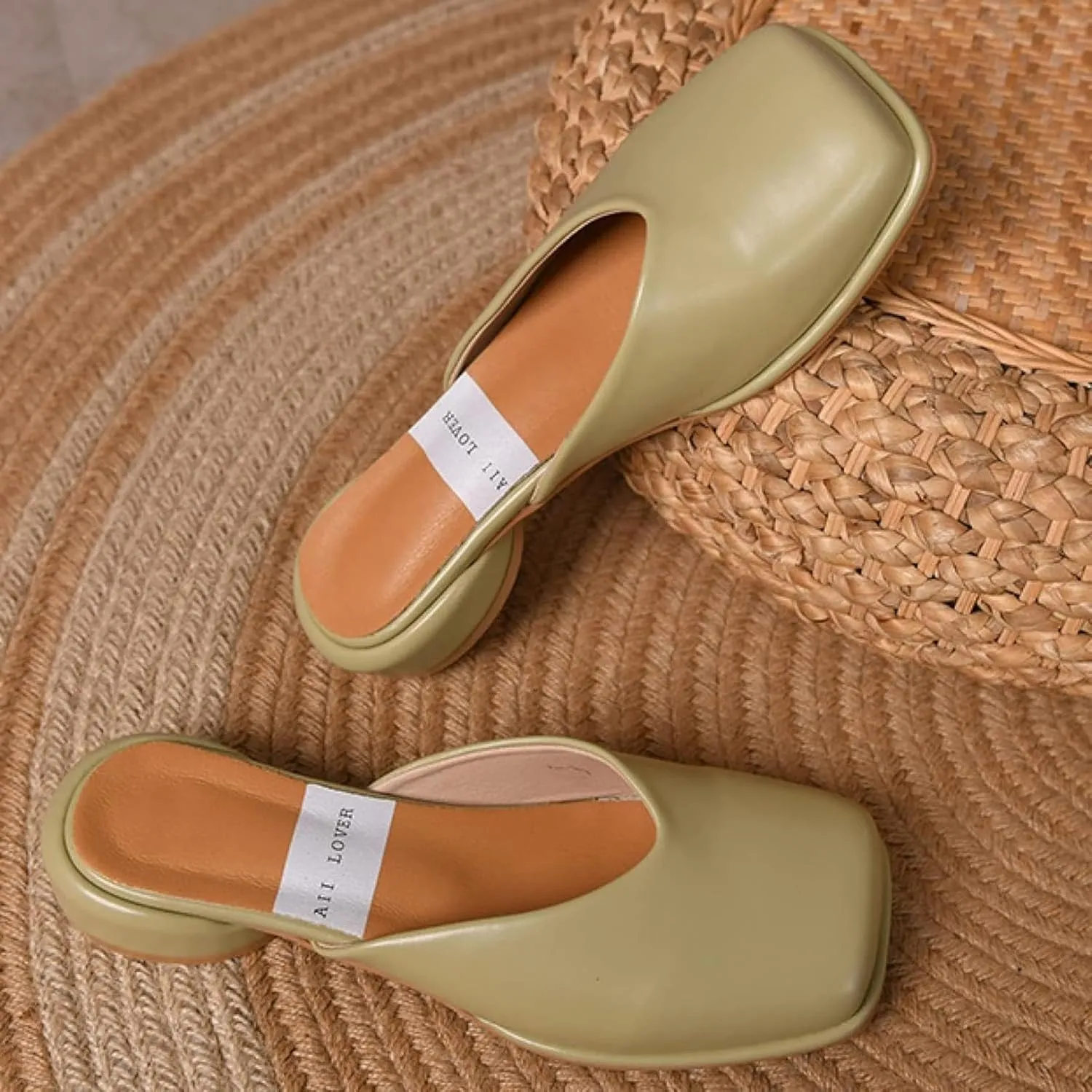 Mules Sandal for Girl Fashion Square Toe Women's Slippers Thick Heel Open Back Loafers Office Slippers