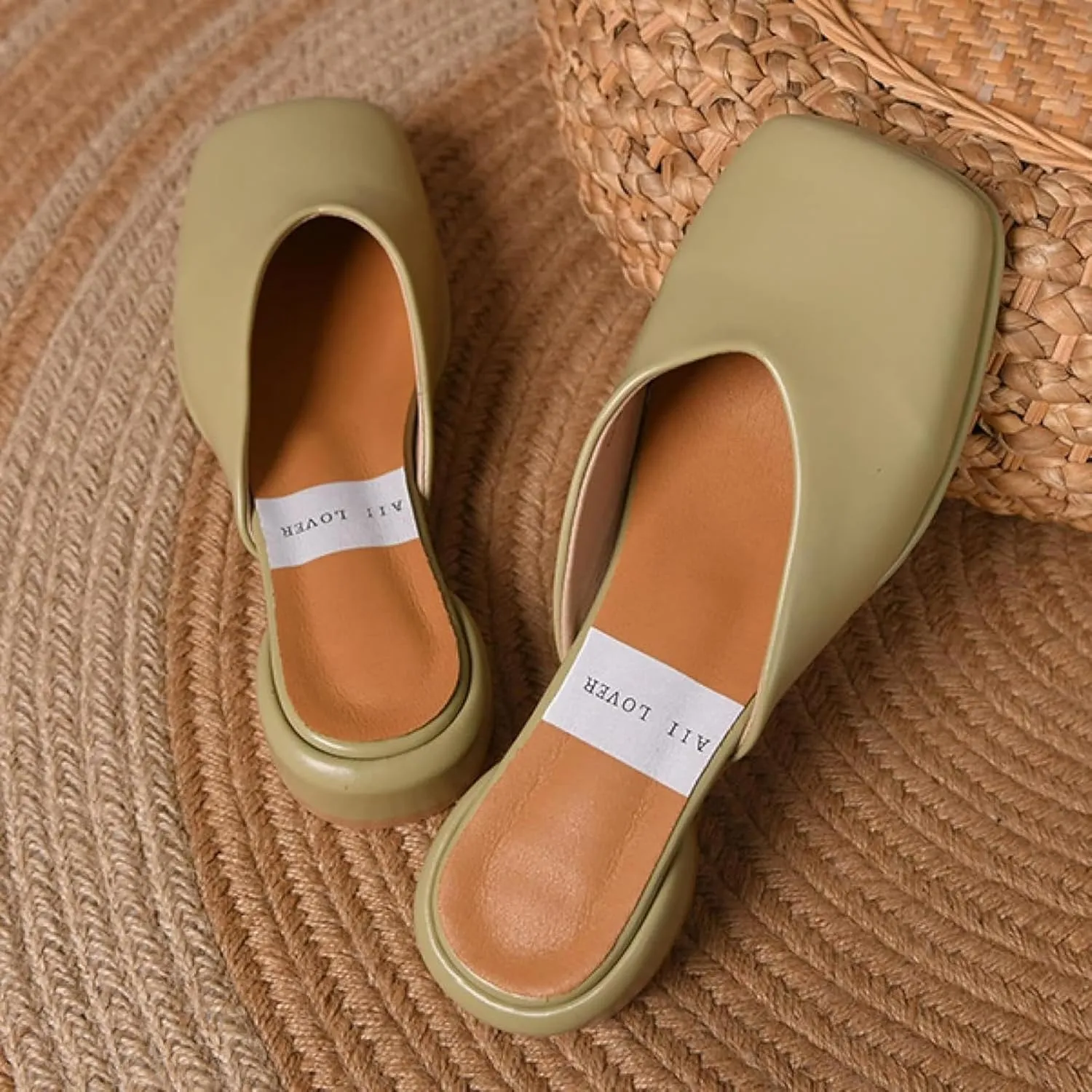 Mules Sandal for Girl Fashion Square Toe Women's Slippers Thick Heel Open Back Loafers Office Slippers