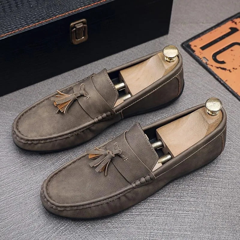 New Mens Loafers PU Leather with Tassel Penny Loafers Flat Heel Comfortable Flexible Outdoor Walking Slip-on