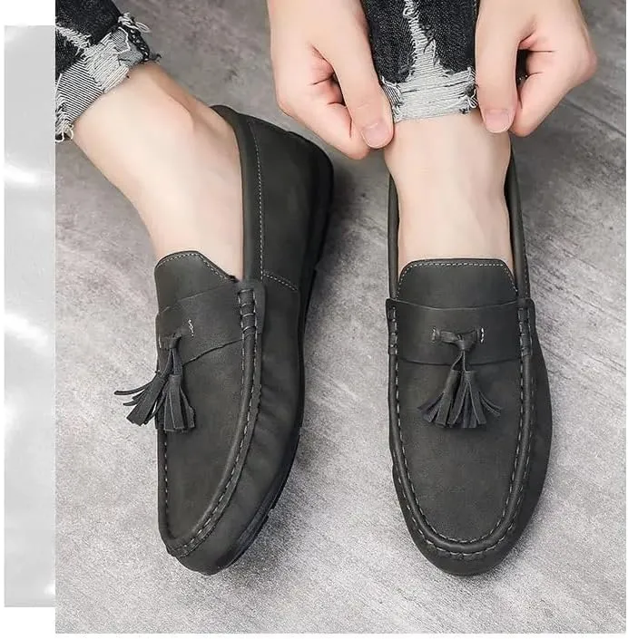 New Mens Loafers PU Leather with Tassel Penny Loafers Flat Heel Comfortable Flexible Outdoor Walking Slip-on