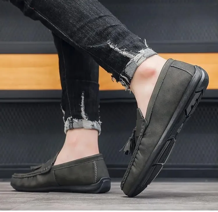 New Mens Loafers PU Leather with Tassel Penny Loafers Flat Heel Comfortable Flexible Outdoor Walking Slip-on