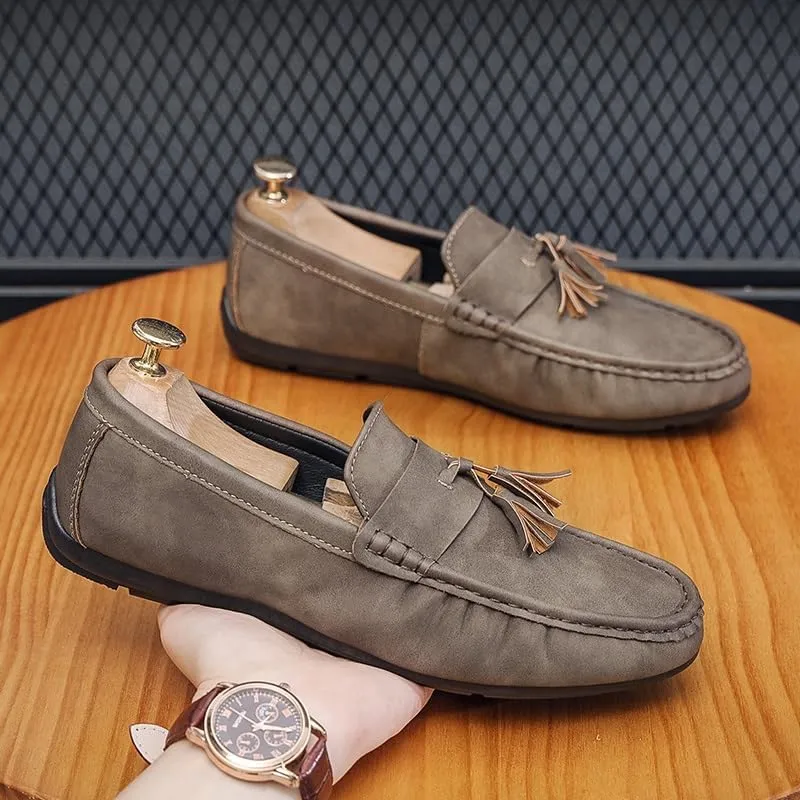 New Mens Loafers PU Leather with Tassel Penny Loafers Flat Heel Comfortable Flexible Outdoor Walking Slip-on