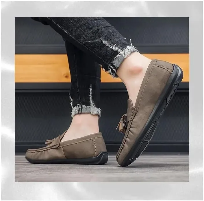 New Mens Loafers PU Leather with Tassel Penny Loafers Flat Heel Comfortable Flexible Outdoor Walking Slip-on
