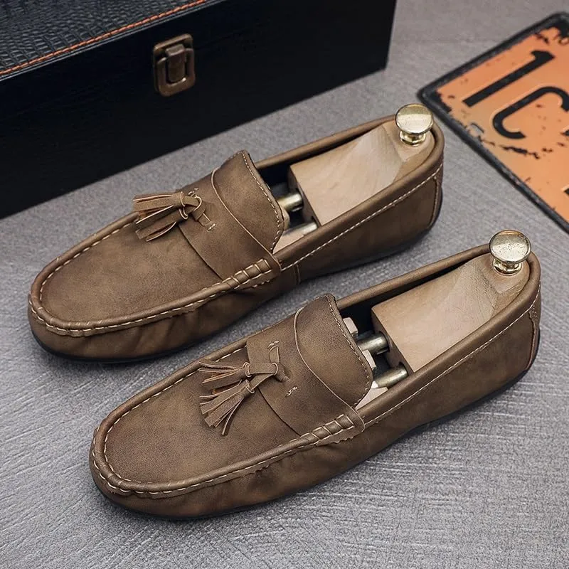 New Mens Loafers PU Leather with Tassel Penny Loafers Flat Heel Comfortable Flexible Outdoor Walking Slip-on