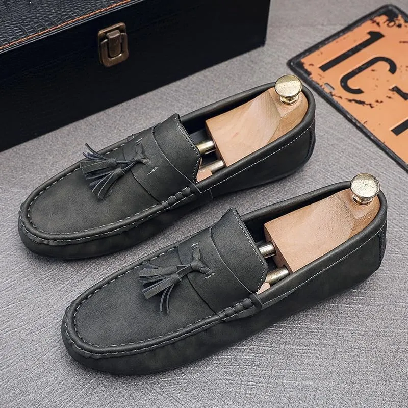 New Mens Loafers PU Leather with Tassel Penny Loafers Flat Heel Comfortable Flexible Outdoor Walking Slip-on