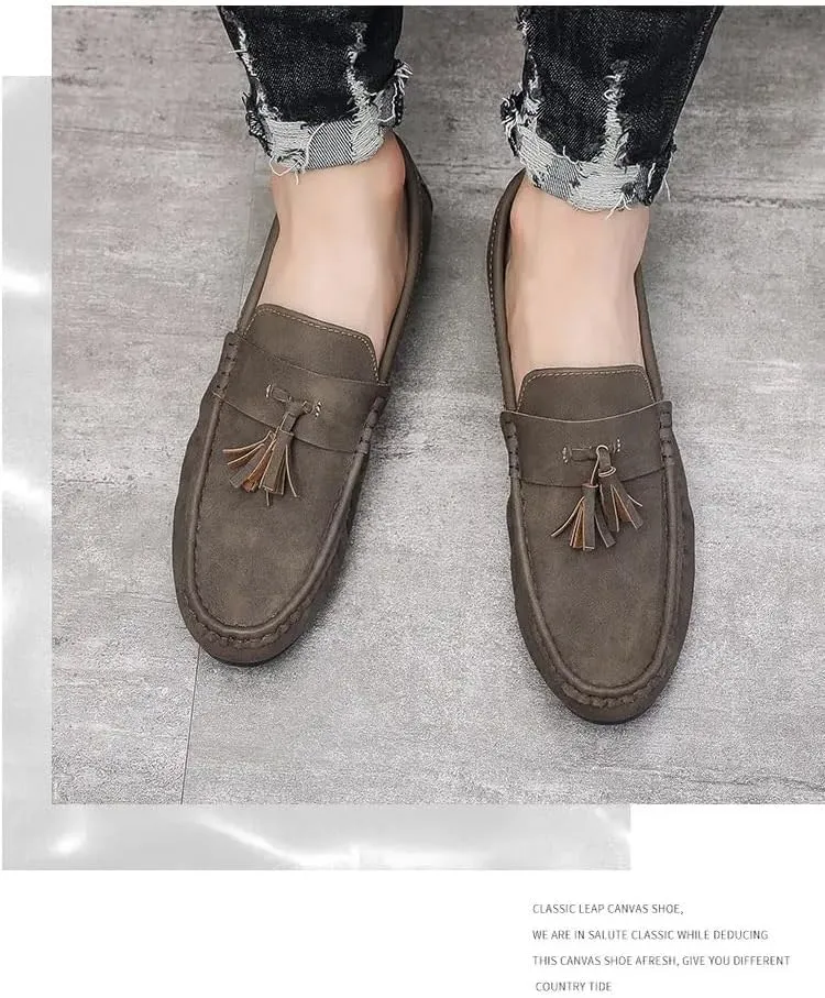 New Mens Loafers PU Leather with Tassel Penny Loafers Flat Heel Comfortable Flexible Outdoor Walking Slip-on