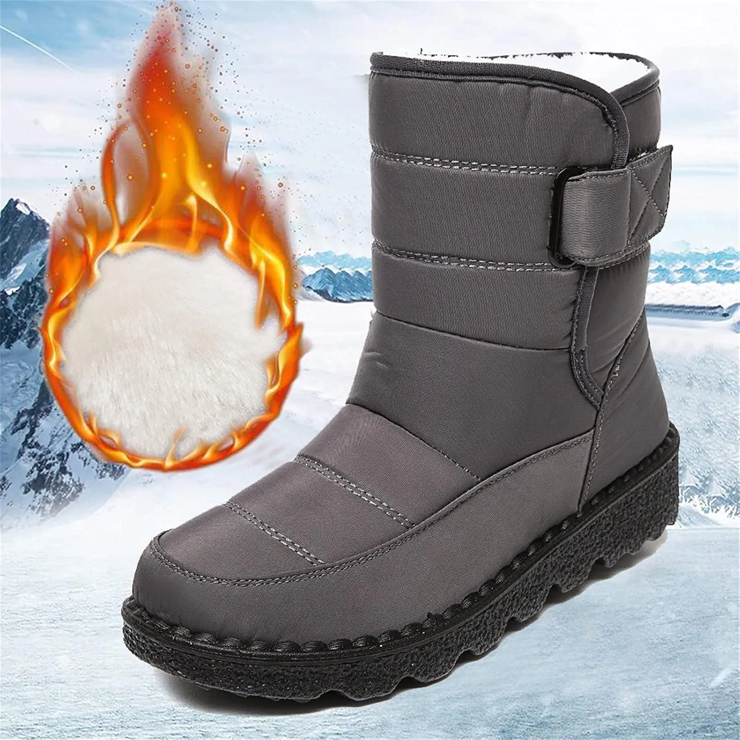 oiangi Quilted Snow Boots for Women Fashion Waterproof Round Toe Buckle Platform High Top Non-slip Ankle Booties Winter Comfy Warm Outdoor Ladies Shoes