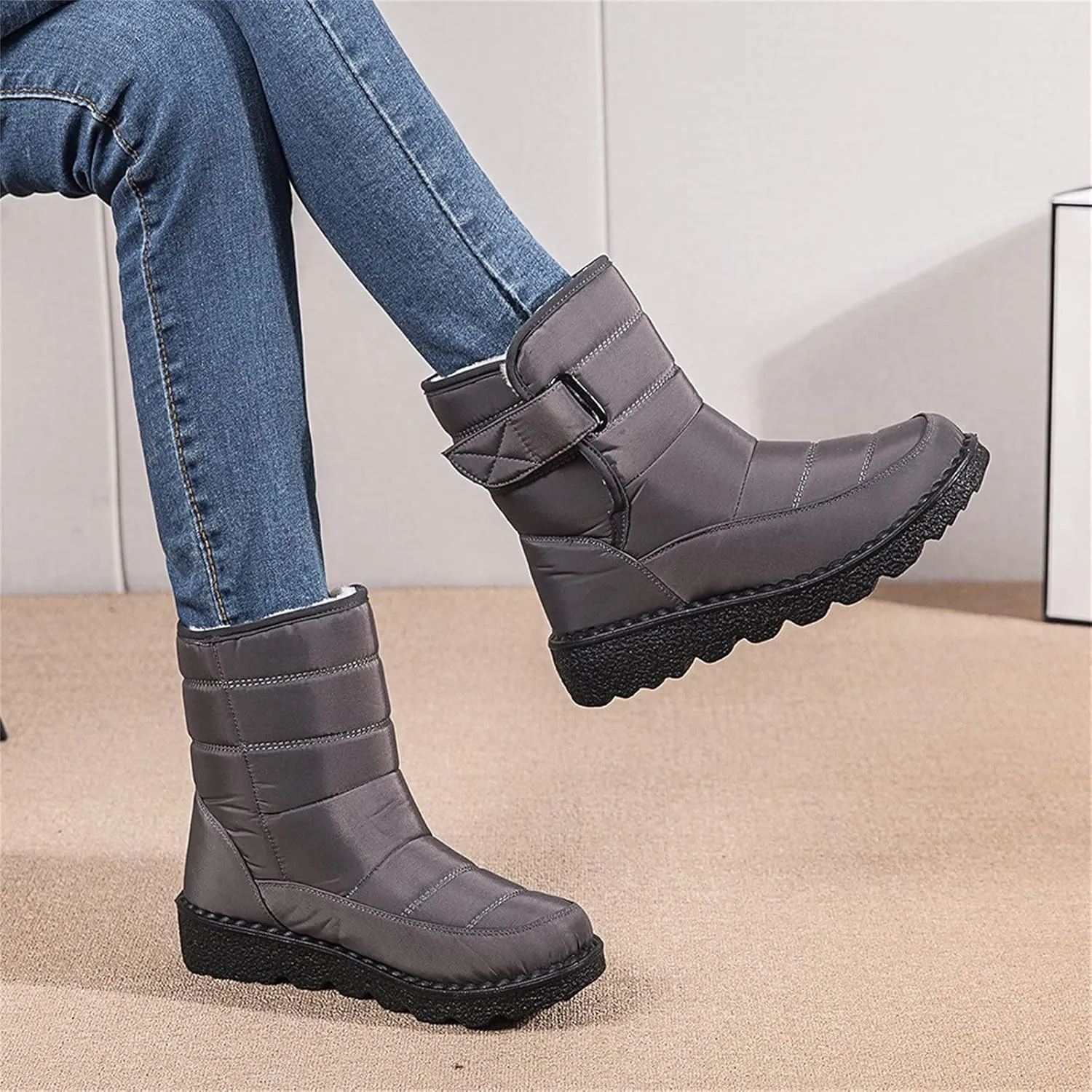 oiangi Quilted Snow Boots for Women Fashion Waterproof Round Toe Buckle Platform High Top Non-slip Ankle Booties Winter Comfy Warm Outdoor Ladies Shoes