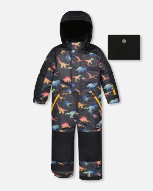 One Piece Black Snowsuit With Gradient Dino Print
